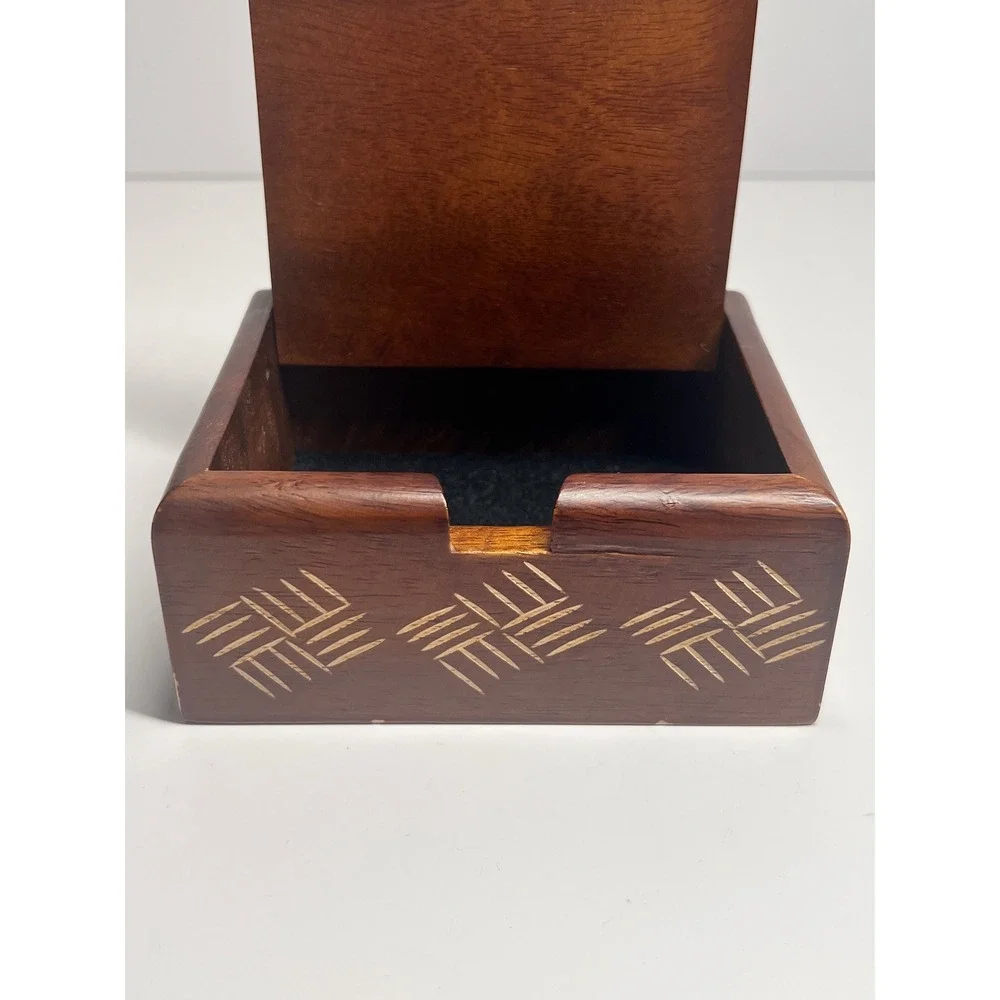 Handmade Mango Wood Trinket Box Etched Geometric Design Black Felt Lining Brown